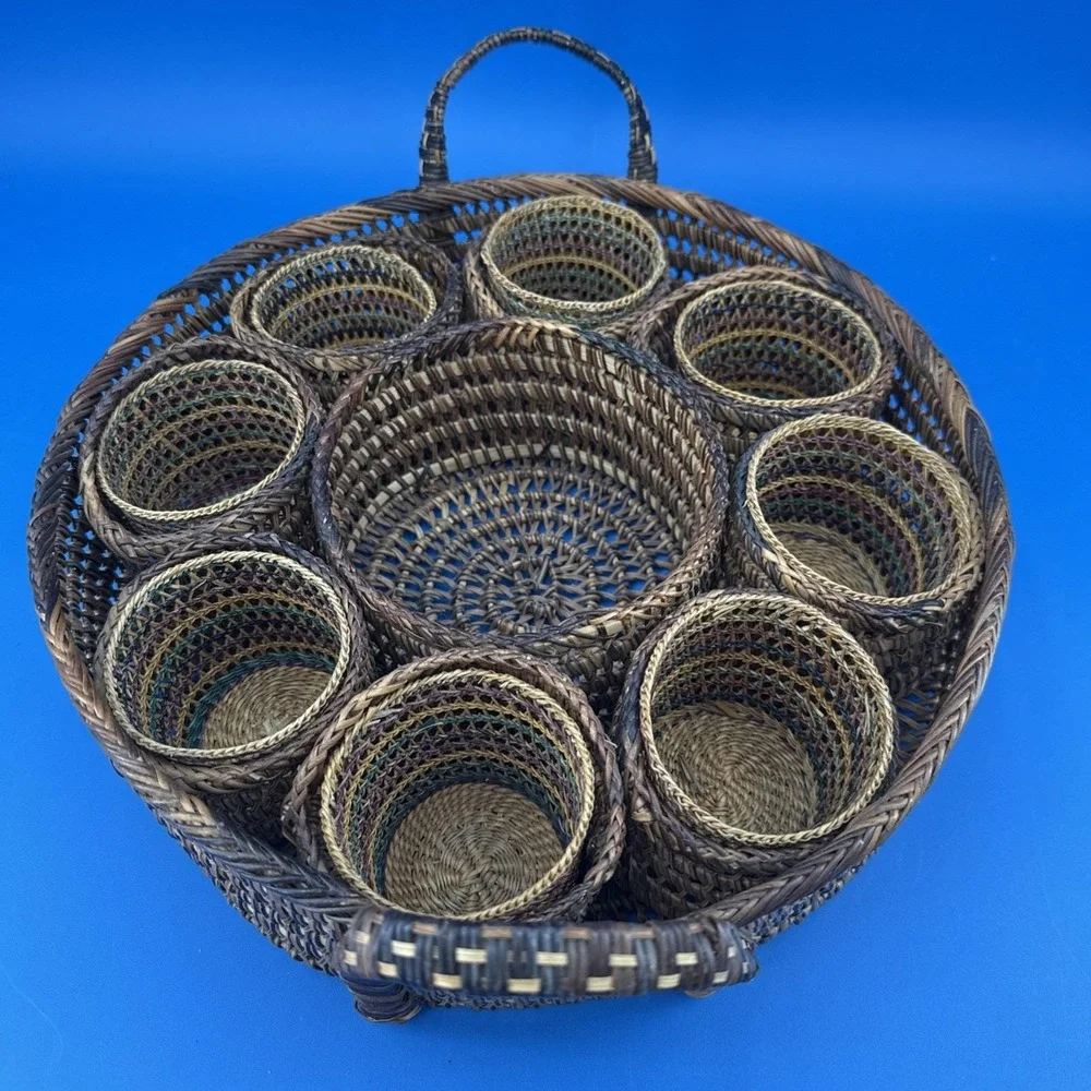 Vintage Wicket Grass Drink Tray Wicker Basket for Glasses Bohemian